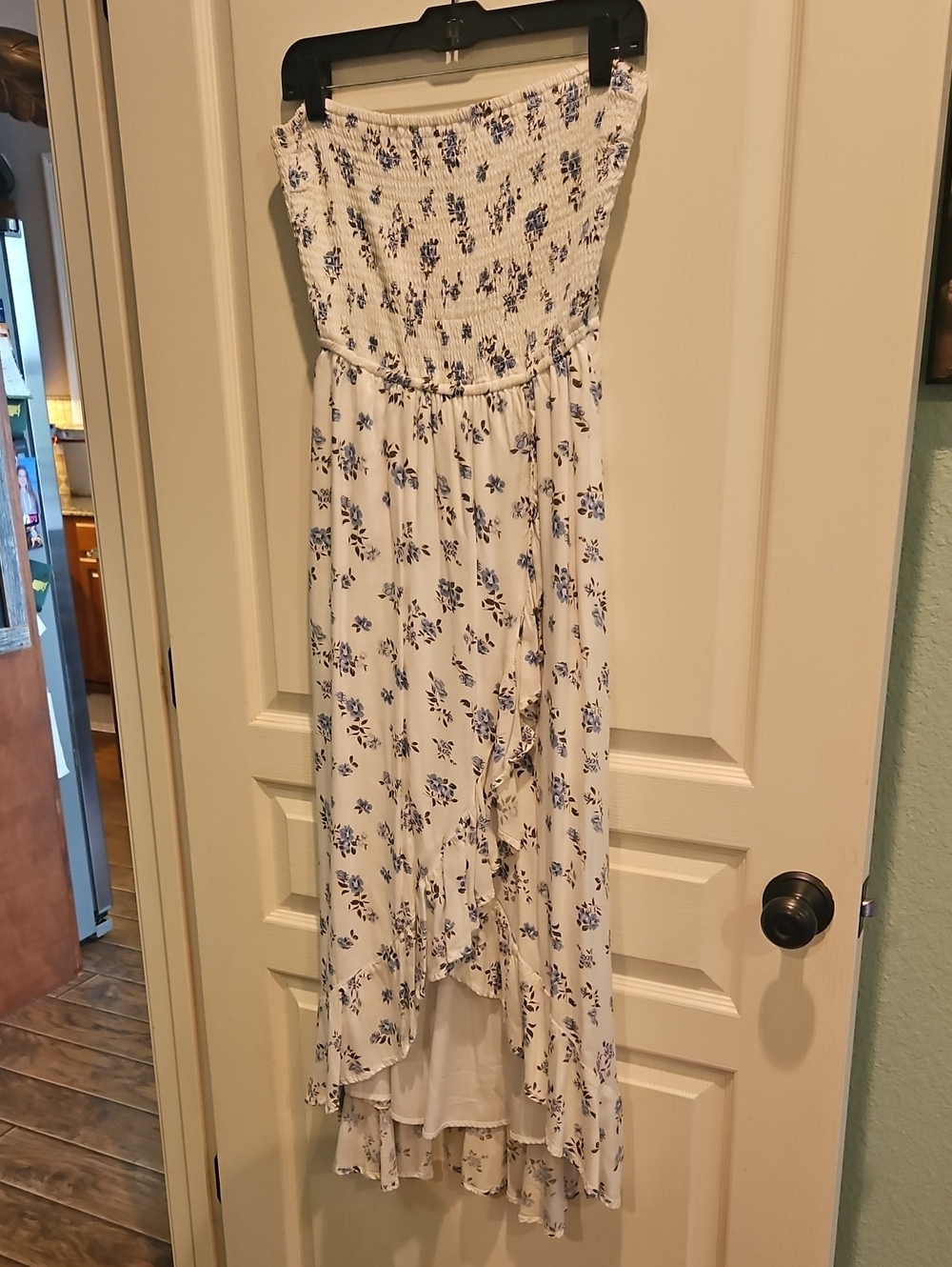 Hollister White Strapless High-Low Maxi Dress with Blue Floral Print